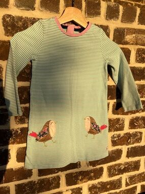 Joules: Striped Bird Appliqué Long Sleeve Dress - Mint & Pink Cotton: Size 6